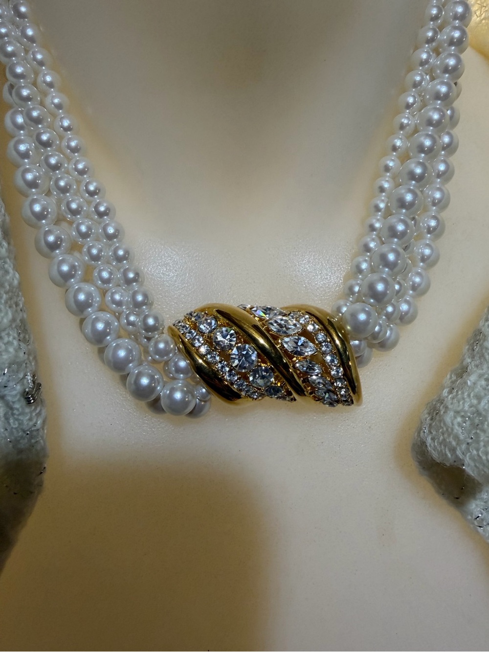 Vintage Marvella  White Pearl Multi-Strand Necklace with Gold Crystal Clasp New